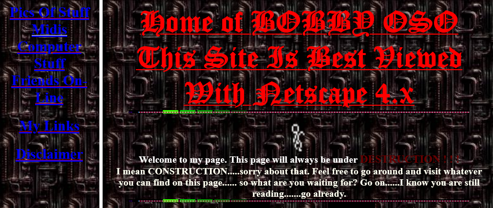 Screenshot of a website with a dark background & neon red and blue text. The title of the page is in a medieval-type font, and the rest is in serif. There are multiple low-quality gifs present on the page.